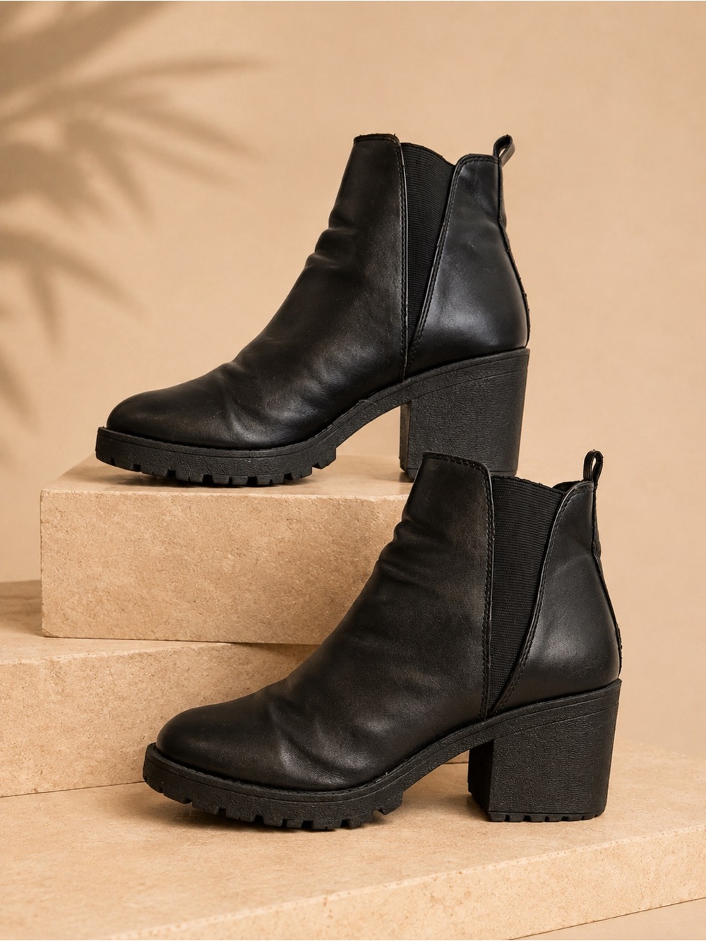 Black Chunky Chelsea Ankle Boots Lug Sole Block Heel Grunge Size 8